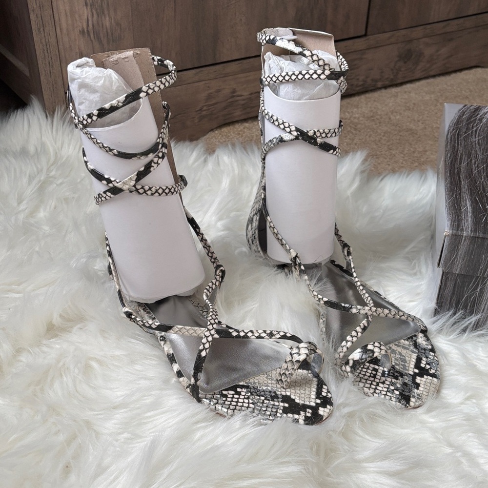 Jennifer Lopez Snake-Print Lace-Up Sandals in Black & White